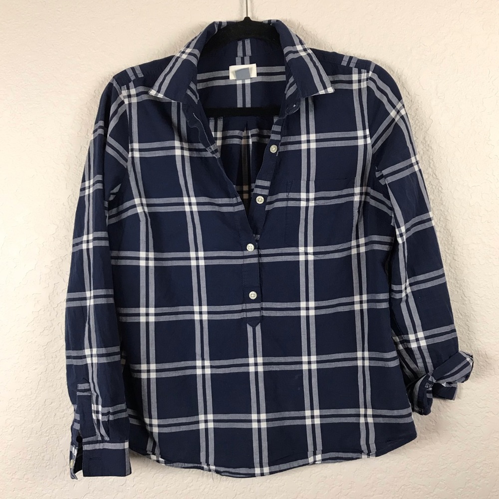 White and Navy Blue Plaid Blouse